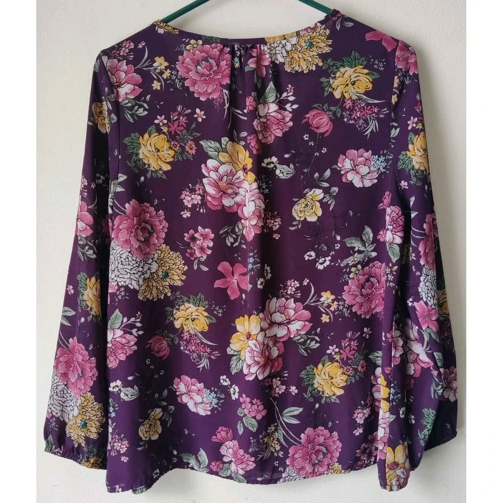 New Directions‎ Petite Purple Pink Floral Long Sleeve Blouse Size SP V-Neck